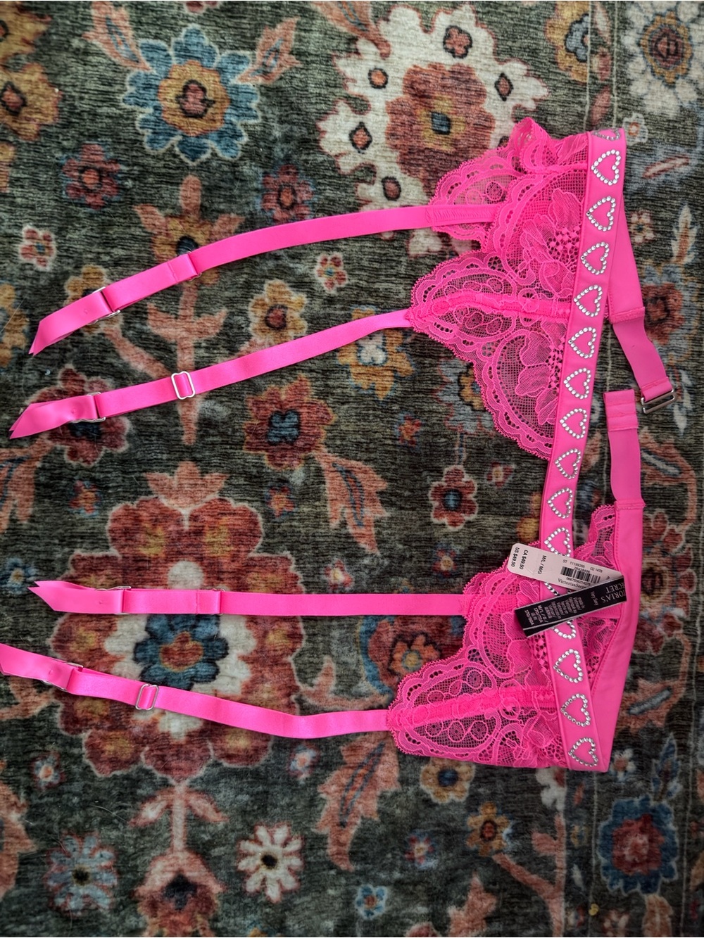 Victoria's Secret Neon Pink Lace Garter Belt with Heart-Embellished Band